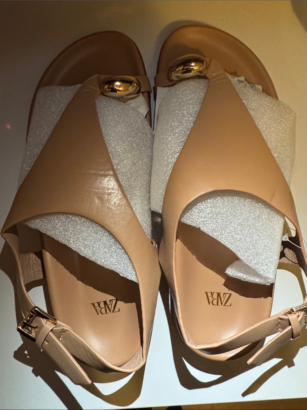 ZARA Beige Leather Slingback Sandals with Gold Accent